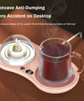 Intelligent Gravity Sensor Coffee Mug Warmer Electric Heated Coaster showing concave design with hot tea cup on wooden desk.
