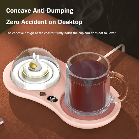 Intelligent Gravity Sensor Coffee Mug Warmer Electric Heated Coaster showing concave design with hot tea cup on wooden desk.