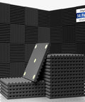 Badass Acoustic Foam Wall Panels Sound Absorbing Wedge Cut Studio Treatment Noise Dampening Home Theater Setup Vocal Booth Echo Reduction Goes Hard 56 Pack Soundproofing Pads 12X12X1 Inch stacked with wall display.