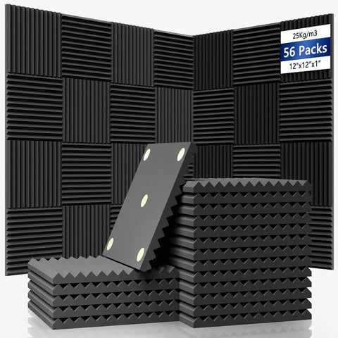 Badass Acoustic Foam Wall Panels Sound Absorbing Wedge Cut Studio Treatment Noise Dampening Home Theater Setup Vocal Booth Echo Reduction Goes Hard 56 Pack Soundproofing Pads 12X12X1 Inch stacked with wall display.