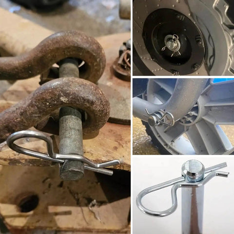 Heavy Duty Hitch Pins R Clips and Spring Retaining Wire Hair Pins for Trailers Tractors Mowers Carts and Trucks 3.5mm Wire Diameter 90mm Length Pack of 10 4.8 Carbon Steel with Galvanized Finish installed in various equipment views.