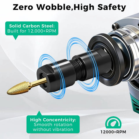 Two Pack Angle Grinder To Straight Chuck Adapter Set With 5/8-11 Thread To 1/4 And 1/8 Inch Collets in use showing zero wobble