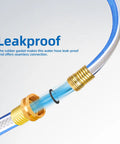 Blue garden hose, 3/4 in x 15 ft, PVC with brass male/female fittings, exploded view