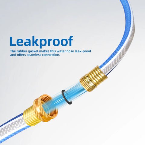 Blue garden hose, 3/4 in x 15 ft, PVC with brass male/female fittings, exploded view