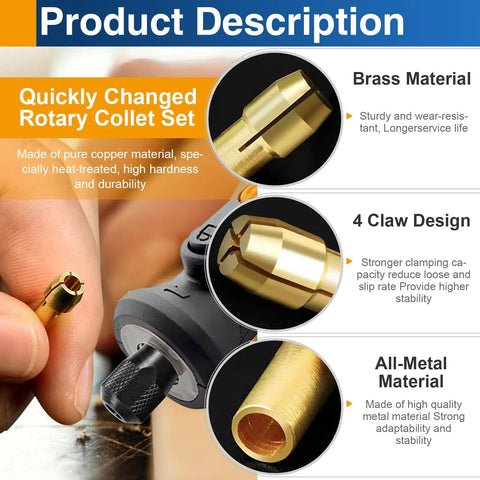 Brass Rotary Tool Collet Set With 1mm 1.6mm 2.4mm 3.2mm Sizes 2 Pack for precise clamping, showing brass material and claw design