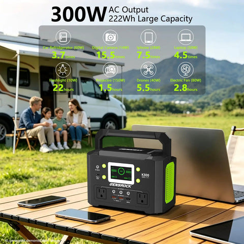 Badass 300W Portable Power Station With 222Wh Capacity And Pure Sine Wave Solar Generator for camping, shown on a table outdoors with devices.