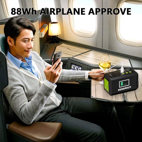 Man using Portable Power Station 120W Peak 220W 88Wh Solar Generator on airplane, showing compact design and utility