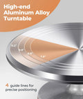 High-end aluminum cake turntable with diameter guidelines, part of Aluminum Cake Turntable Set With Revolving 12 Inch Cake Stand For Decorating Includes 12.7 Inch Offset Spatula And Three Stainless Steel Icing Smoothing Tools Non Slip Base Pro Style Cake Decorating Kit For Home Bakers.