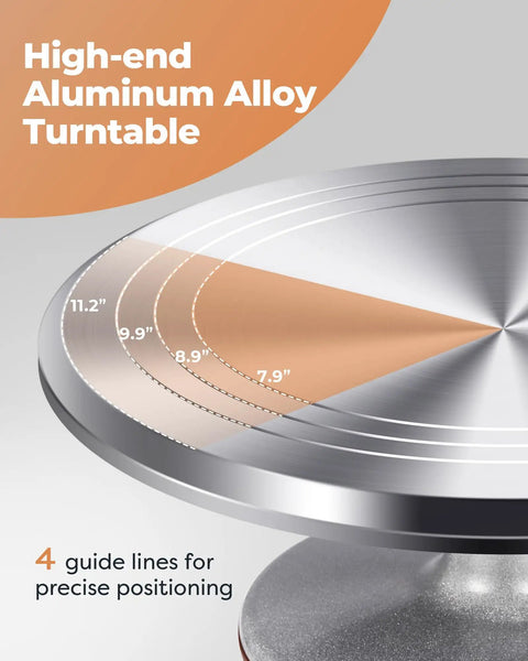 High-end aluminum cake turntable with diameter guidelines, part of Aluminum Cake Turntable Set With Revolving 12 Inch Cake Stand For Decorating Includes 12.7 Inch Offset Spatula And Three Stainless Steel Icing Smoothing Tools Non Slip Base Pro Style Cake Decorating Kit For Home Bakers.