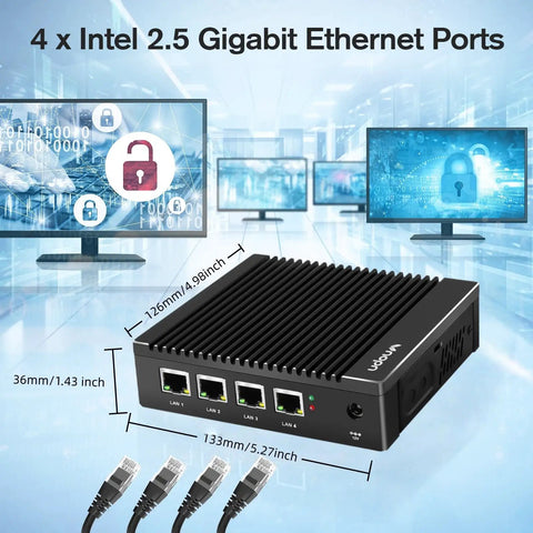 Fanless Firewall Mini Pc Powered By Intel J3710 Chipset And Four Native Two Point Five Gbps Ports With Aes Ni Support For Smashing Through Heavy Traffic And Running A Sleek Barebone Network Gateway Today, with 4 ports and cables.