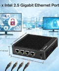 Ready To Roll Fanless Micro Firewall Appliance Heavy Hitter Featuring Intel J3710 Quad Core Processor And Four Intel I226 Ethernet Ports PfSense Ready For Smooth Networking And Fort Knox Defense 8GB Ram 128GB Storage with 4 Ethernet ports and monitors in background.