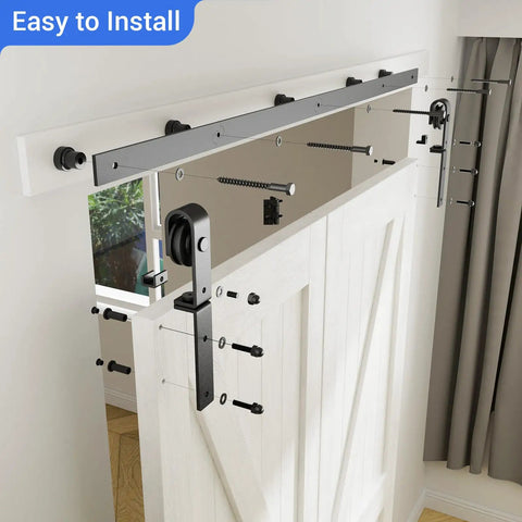Beefed Up Bi Folding Sliding Barn Door Hardware Kit For Two Doors With 330 LB Capacity Black J Track Roller installation view
