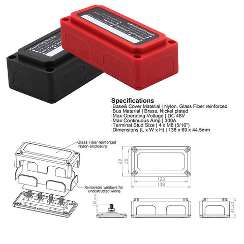 Tough As Nails 300A Power Distribution Block Waterproof Bus Bar Box in red and black with terminal studs and specifications.