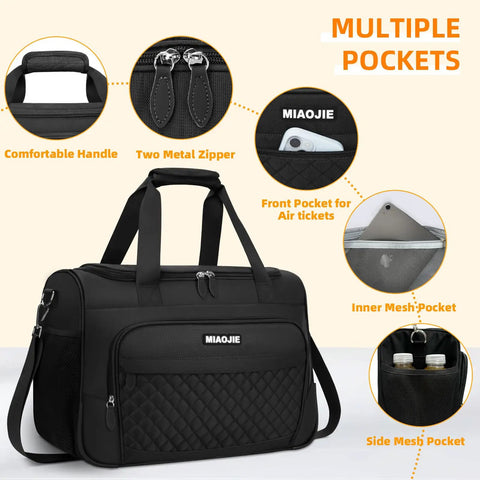 Underseat Duffle Bag For Women Ultra Lightweight Foldable Carry On Luggage Ideal Weekender Or Overnight Tote Personal Item For Air Travel Fits Under Seat 16 Inch Black with multiple pockets and comfortable handle