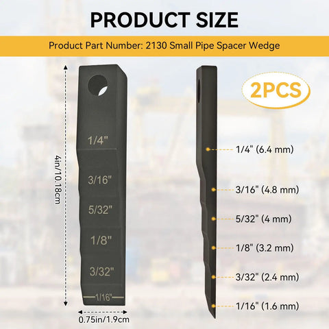 Two-In-One Pipe Spacer Wedge With Stepped Gauge For Welding, Small 3/4 X 4 In Pry And Measure Tool, Anti-Slip Safety Holes, Quick Gap Alignment, Precise Fit, Durable Steel Wedge For Pipe Spacing And Fittings. 2pcs size chart with step gauges