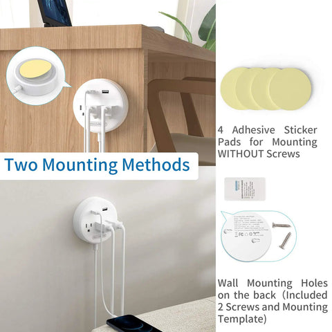 10 Foot Flat Plug Extension Cord With 3 Outlets Power Strip And 2 USB Ports Desk Side Charging Station Wall Mount Methods