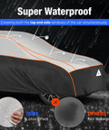 Beefed Up Heavy Duty Hail Protection Car Cover For SUV Waterproof Padded Outdoor Shield during rain, showing reflective stripes