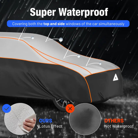 Beefed Up Heavy Duty Hail Protection Car Cover For SUV Waterproof Padded Outdoor Shield during rain, showing reflective stripes