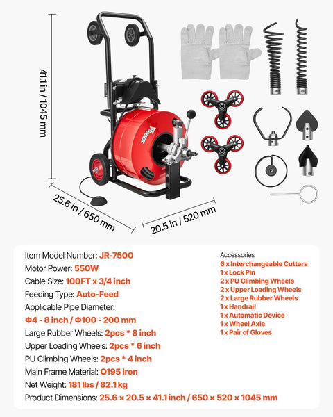 Heavy Hitter Auto Feed Drain Cleaner With 100 Ft Steel Pipe Snake and Zippy Motor, features gloves, wheels, and accessories.