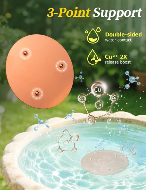 Copper Disc Bird Bath Cleaner For Outdoor Water Fountains And Bowls, showing 3-point support design and copper ion release.