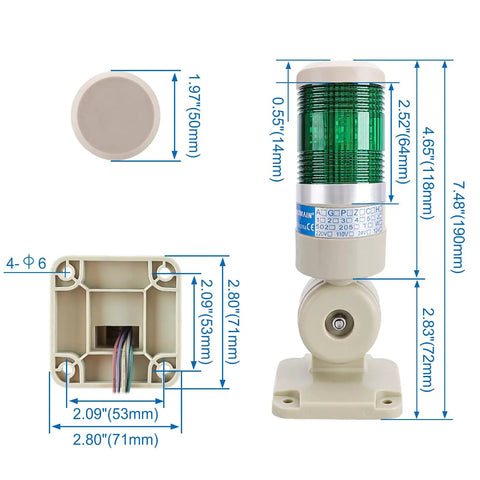 Green LED Signal Tower Light With 180 Degree Rotatable Base Continuous 110V AC Powered Industrial Stack Lamp dimensions and base view