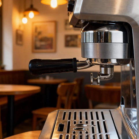 Professional Grade Three Ear Espresso Portafilter With Base And Double Spout Built From Premium Stainless Steel Compatible With Breville Makers viewed on espresso machine.