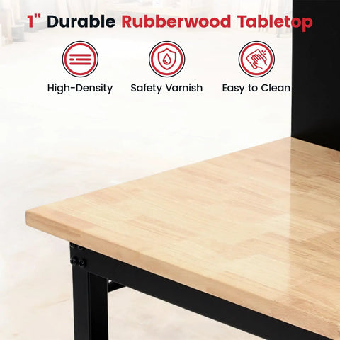 Flat Out Heavy Duty 60 Inch Workbench And Adjustable Height Stand 3000 Lbs Capacity Steel Frame Rubberwood Top, 1-inch durable rubberwood tabletop.