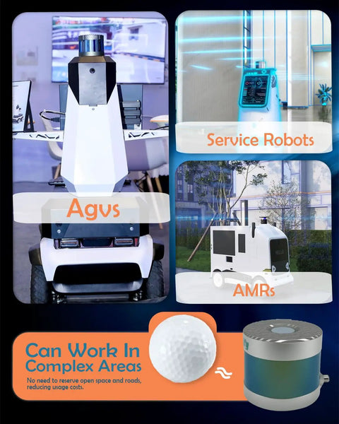 3D LiDAR Sensor For AGV And AMR Navigation, Smarter Obstacle Avoidance And SLAM, 16 Layer 150m Range shown with robots