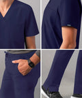 Mens Professional Medical Nursing Scrub Set Featuring Classic V Neck Top And Cargo Pants Crafted From Navy Blue No Drag Stretch Fabric Built Straight Up To Keep You Cool While Rocking Every Shift, close-up of navy V-neck top with chest pocket and slim cargo pants.