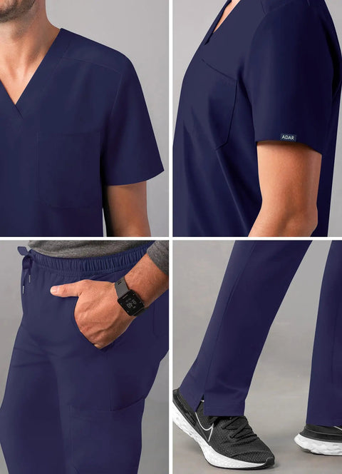 Mens Professional Medical Nursing Scrub Set Featuring Classic V Neck Top And Cargo Pants Crafted From Navy Blue No Drag Stretch Fabric Built Straight Up To Keep You Cool While Rocking Every Shift, close-up of navy V-neck top with chest pocket and slim cargo pants.