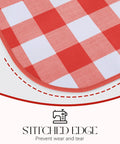 Close-up of Rectangle Vinyl Tablecloth Waterproof Buffalo Gingham Red For Outdoor Picnics And Camping Heavy Duty Wipeable Table Cover 54 X 78 Inches.