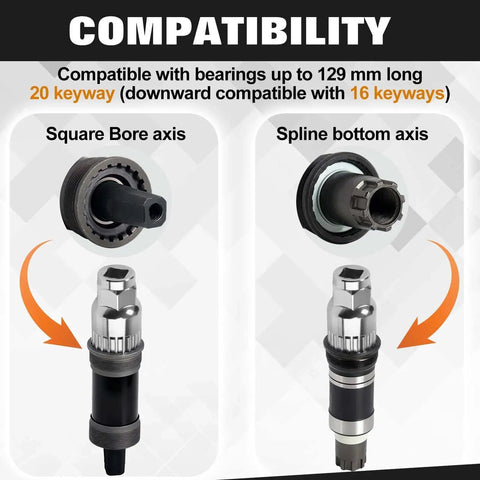 Compatibility chart with square bore and spline bottom axes for Beefy 20Cr Steel Bottom Bracket Tool With Anti Drop Device