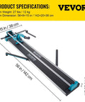 Manual tile cutter with 56 in steel rail, laser guide, tungsten wheel, and blue clamps for porcelain and tile cuts.