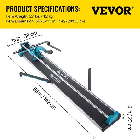 Manual tile cutter with 56 in steel rail, laser guide, tungsten wheel, and blue clamps for porcelain and tile cuts.