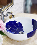 Top Shelf Hand Painted Ceramic Vessel Sink Round Bathroom Basin Vintage Style Vanity Bowl Above Counter Washbasin on countertop with faucet.