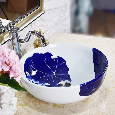 Top Shelf Hand Painted Ceramic Vessel Sink Round Bathroom Basin Vintage Style Vanity Bowl Above Counter Washbasin on countertop with faucet.