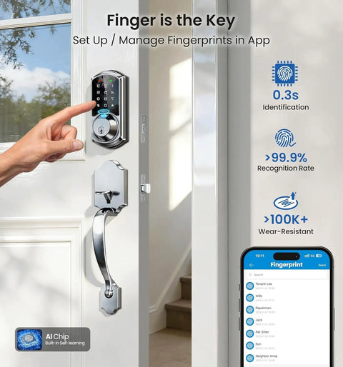 Heavy Duty Fingerprint Smart Deadbolt Lock Equipped With Direct Phone App Access And Portable Key Fobs Styled In Sleek Satin Nickel For Zero Stress Keyless Entry And Knockout Front Porch Protection
