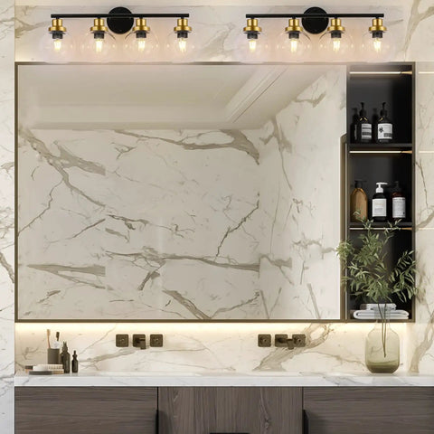 4 Light Vintage Style Bathroom Vanity Light Fixture With Clear Globe Glass Shades, Black And Brass Gold Accents, over mirror
