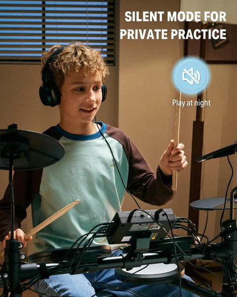 Child playing Starter Electronic Drum Kit For Beginners With 150 Sounds Quiet Mesh Pads Nine Inch Cymbals