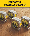 16 Foot Tape Measure Powerlock With Tru Zero End Hook Locking Blade Pro Grade Durable Chrome ABS Case Mylar Blade Longevity Three Quarters Inch Width Jobsite Tough For Precise Marking And Quick Reliable Measurements alongside other Powerlock models on a wooden surface.