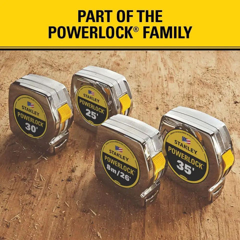 16 Foot Tape Measure Powerlock With Tru Zero End Hook Locking Blade Pro Grade Durable Chrome ABS Case Mylar Blade Longevity Three Quarters Inch Width Jobsite Tough For Precise Marking And Quick Reliable Measurements alongside other Powerlock models on a wooden surface.