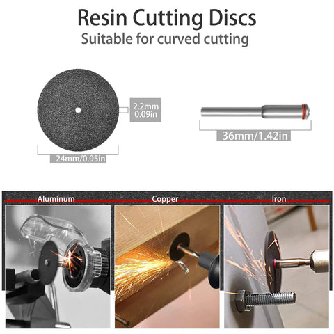 Ultimate 106Piece Cutting Discs Set For Rotary Tools And Grinders with resin discs cutting aluminum, copper, and iron.