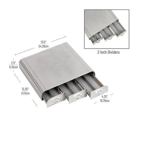 Under Counter Coffee Pod Organizer With Three Drawers, 36 Pod Capacity, Space Saving Caddy, Silver, Dimensions Shown