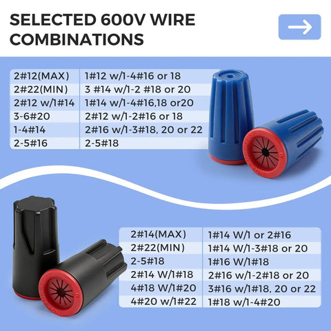 40 Piece Waterproof Wire Connectors Set For 12 To 22 AWG IP65 Rated Twist Nuts Blue and Black caps with wire combinations chart