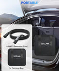 Trunk with Tesla 50 Amp 40 Foot EV Charger Extension Cable NACS Plug and carrying bag for Wall Connector 240V 12kW