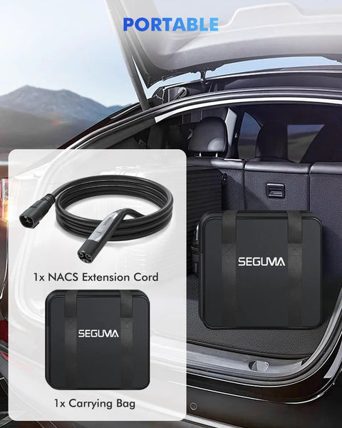 Trunk with Tesla 50 Amp 40 Foot EV Charger Extension Cable NACS Plug and carrying bag for Wall Connector 240V 12kW