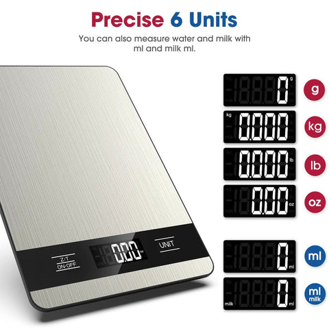 Digital Kitchen Scale With 11Lb Capacity, LCD Display, Six Unit Modes G Kg Lb Oz Ml Milk Ml, Tare Function, Stainless Steel Platform.