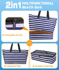 Massive 49L Beach Cooler Tote With Insulated Compartment, waterproof and sandproof, detachable striped bag with zipper.