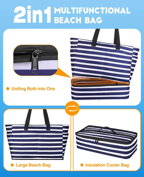 Massive 49L Beach Cooler Tote With Insulated Compartment, waterproof and sandproof, detachable striped bag with zipper.