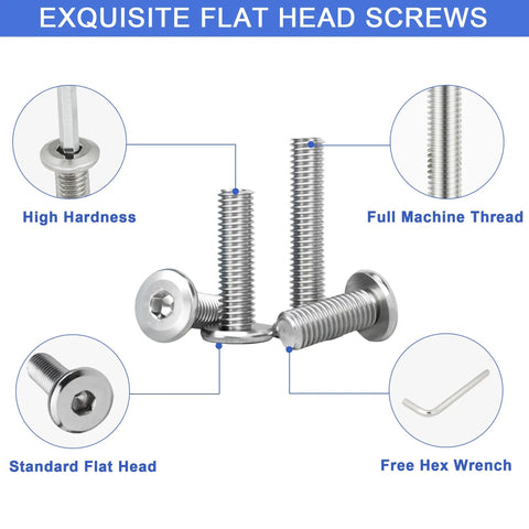 Image of 61 Piece 1/4-20 Flat Head Hex Socket Cap Screws Assortment Kit forged from premium 304 stainless steel with hex wrench.